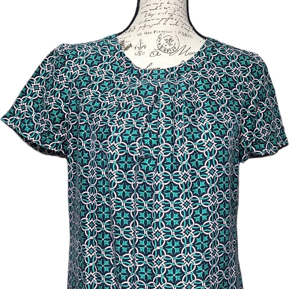 J. Crew Dress Sz 4 Navy Green Medallion Short Sleeve Shift Swoop Neck Lined - Picture 5 of 15